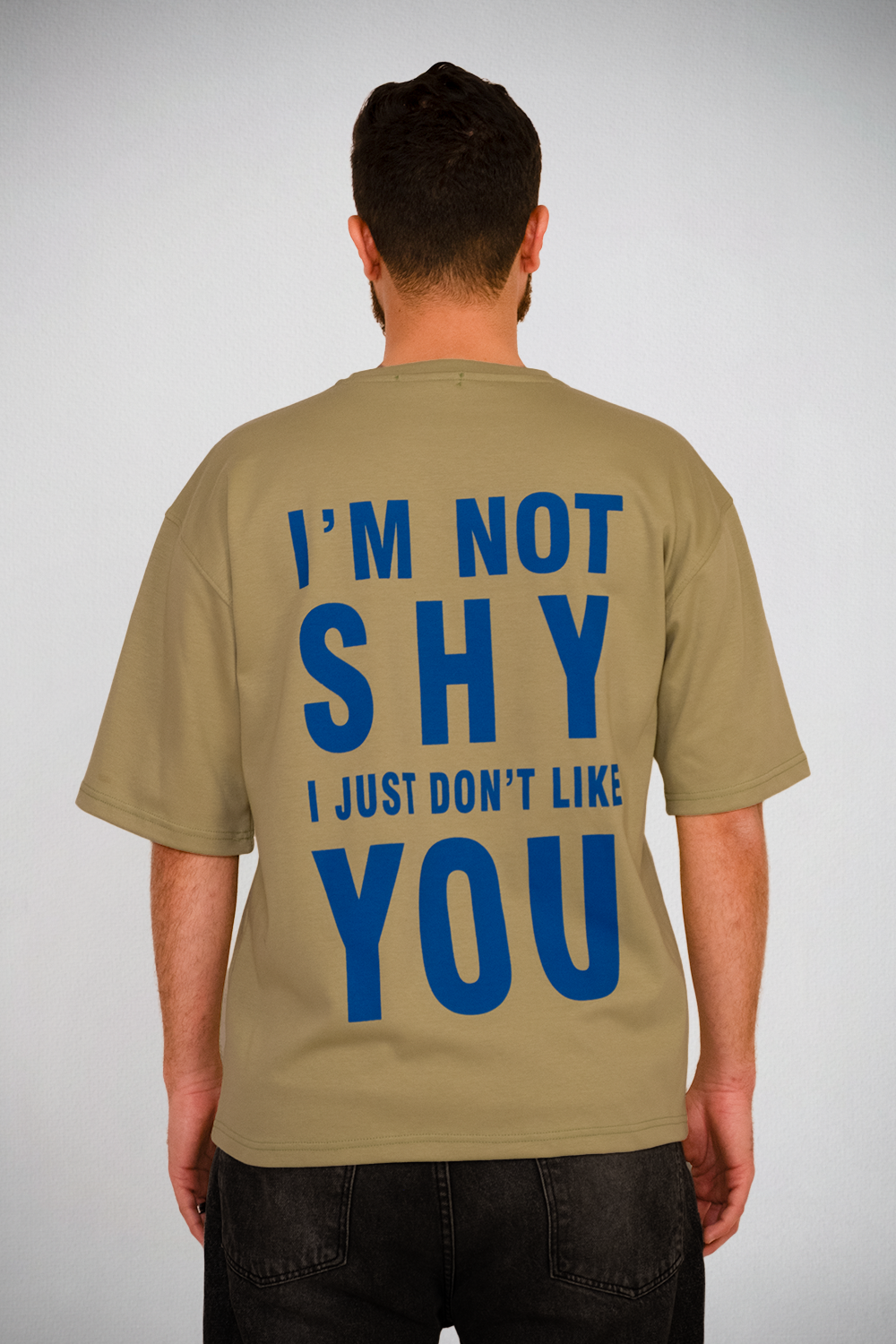Not Shy Tee – Olive Blue Statement